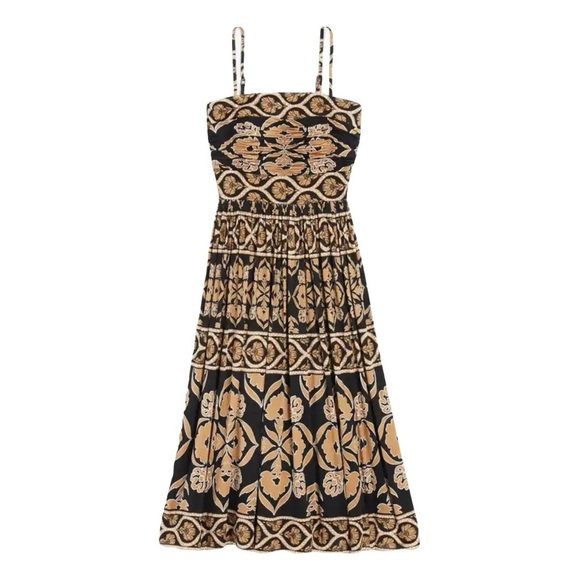 White House Black Market Black and Tan Gold Spaghetti Strap Dress fit flare midi - Picture 1 of 11